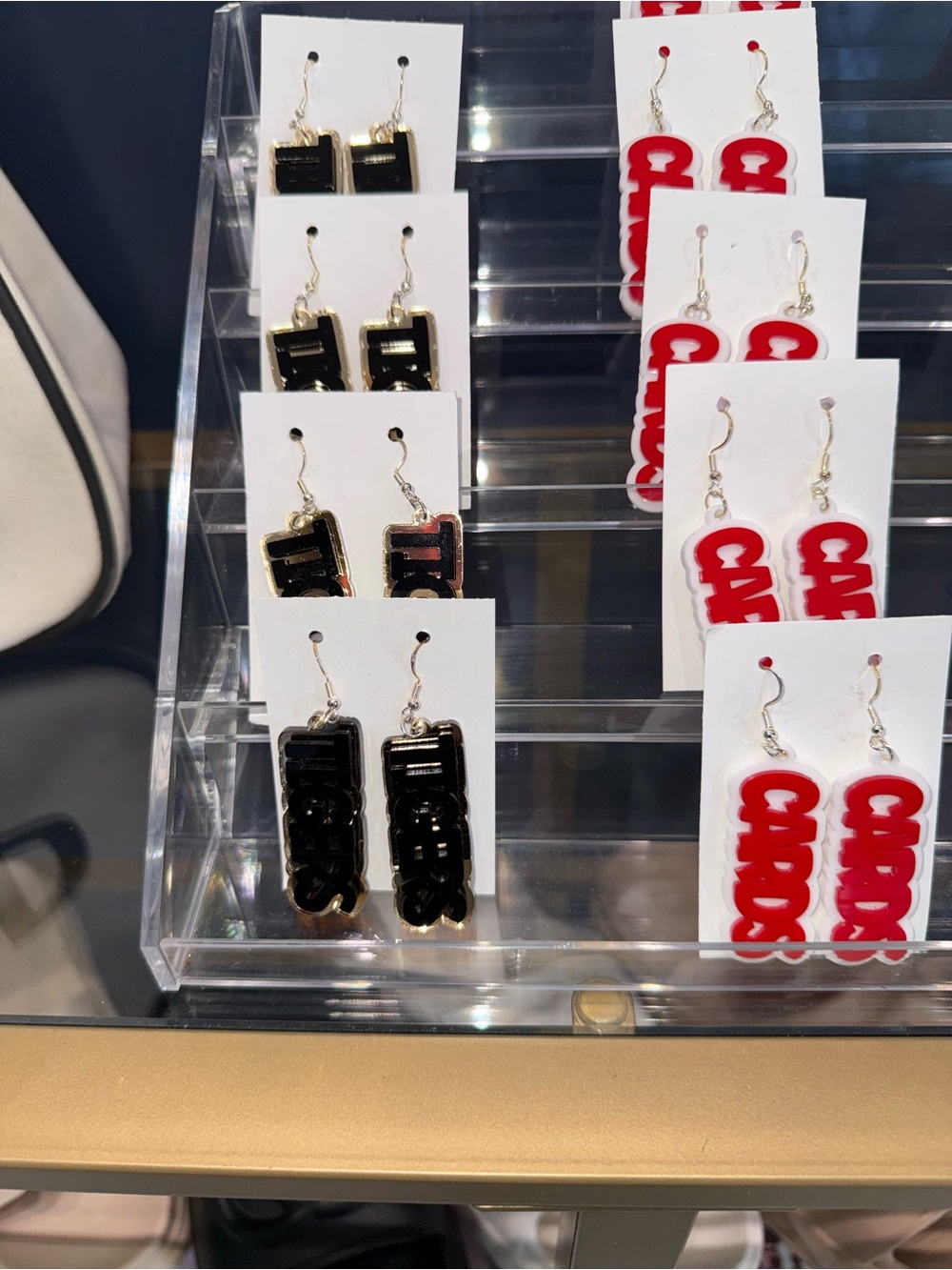 Bold Acrylic Drop Earrings in TIGERS black and gold OR CARDS red